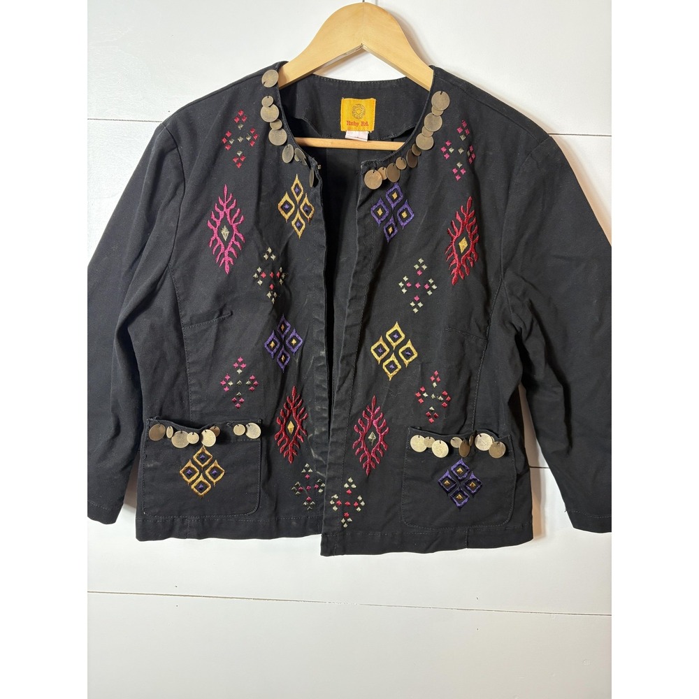 Ruby Rd Jacket Womens 10 Embroidered Boho Festival Open Front Southwest Coin Tri